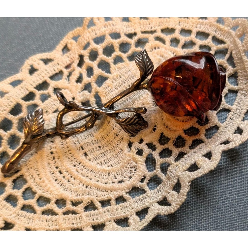 Vintage Amber Brooch, Flower Pin, Romantic Floral Brooch, Resin Rose Jewelry
